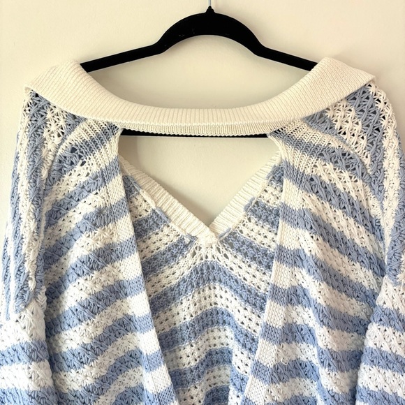 Anthropologie Maeve Grace Blue White Stripe Collared Short Sleeve Knit Sweater - Picture 9 of 14